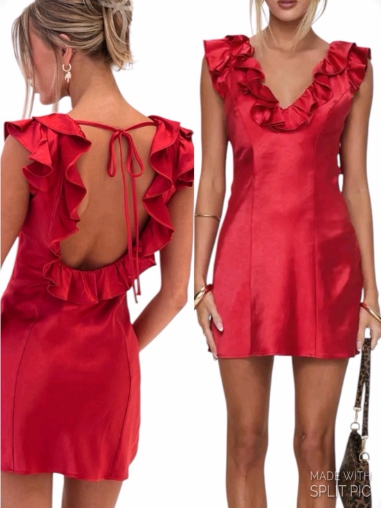 Princess Polly Dresses & Skirts - NEW Princess Polly Butacup Frill Back Tie Satin Mini Dress in Red Women’s Size 8